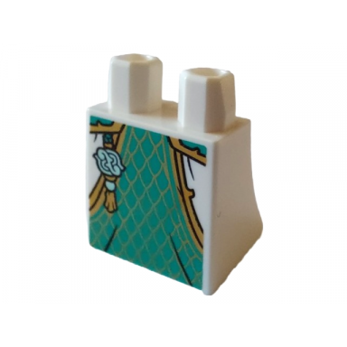 lower body skirt with robe ends over dark turquoise robe with gold trim pattern