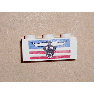 white brick 1 x 3 with steer bulls head blue and red stripes pattern