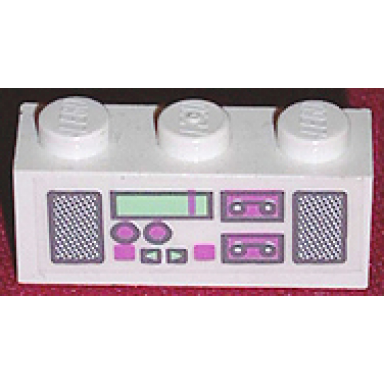 white brick 1 x 3 with radio and dual cassette pattern dark pink light green sticker - set 5835