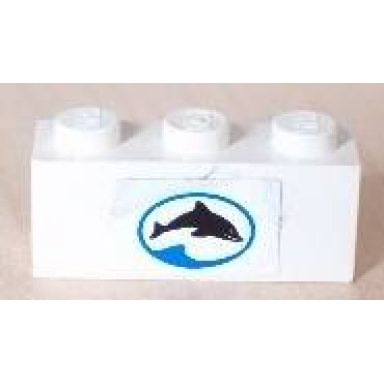 white brick 1 x 3 with dolphin facing right in blue oval pattern sticker - set 6558