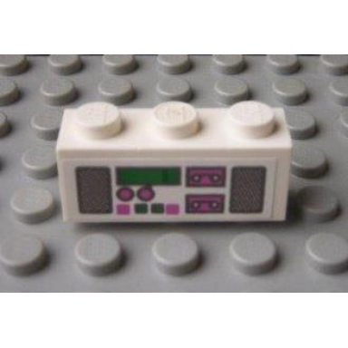 white brick 1 x 3 with radio and dual cassette pattern dark pink green sticker - set 5895