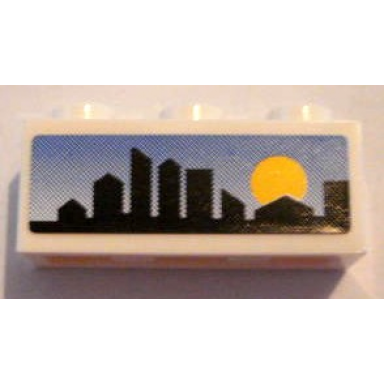 white brick 1 x 3 with skyline and sunset on blue background pattern sticker - set 8404