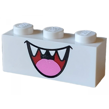 white brick 1 x 3 with dark red open mouth smile with sharp teeth and dark pink tongue pattern super mario boo lower face