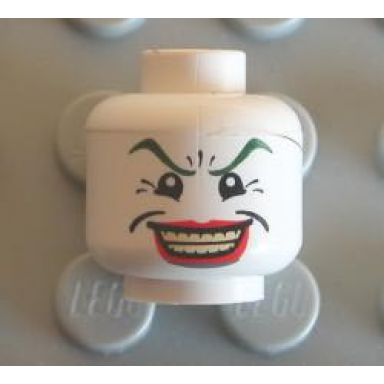 white minifigure head male dark green eyebrows wide smile with red lips crows feet pattern the joker