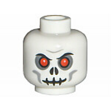 white minifigure head skull red eyes dark bluish gray eye shadow light bluish gray cheek lines furrowed brow evil grin pattern