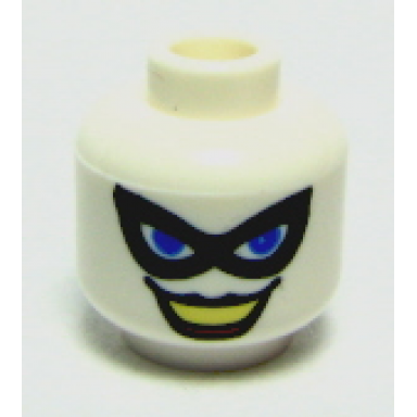 white minifigure head female black eye mask blue eyes black lips pattern