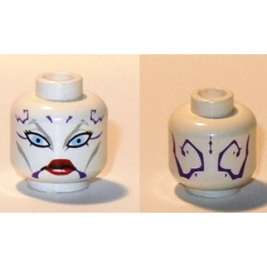 white minifigure head alien sw dathomirian zabrak with light bluish gray eyebrows and cheek lines black eyelashes large bright light blue eyes dark purple markings red lips stern pattern