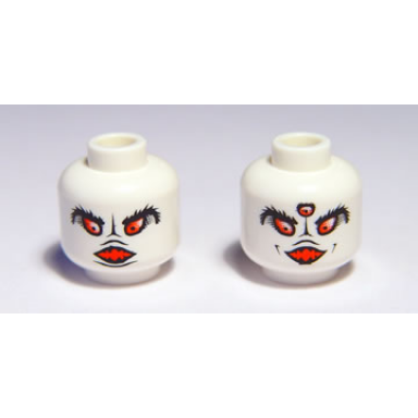 white minifigure head dual sided alien black eyebrows open mouth and two red eyes three red eyes pattern