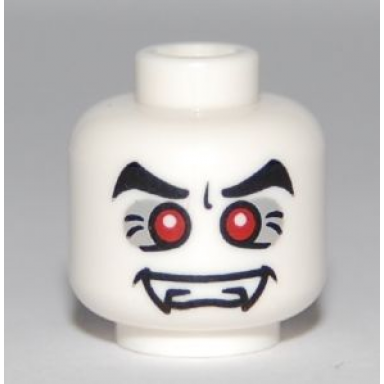 white minifigure head alien vampire with fangs red eyes with white pupils and black eyebrows pattern