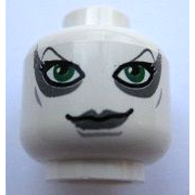 white minifigure head female dark bluish gray thin eyebrows eye shadow and lips black eyelashes large green eyes light bluish gray cheek lines and chin dimple wide lopsided grin pattern