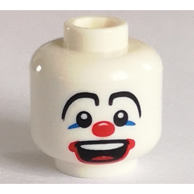 white minifigure head black long arched eyebrows blue eye shadow red clown nose and drawn lips large open mouth smile with top teeth and tongue pattern