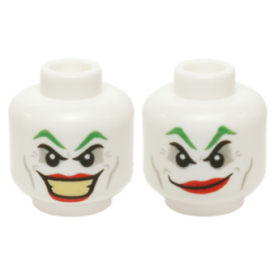 white minifigure head dual sided green eyebrows light bluish gray eye shadow cheek lines and dimples red lips large open mouth smile with bright light yellow teeth smirk pattern