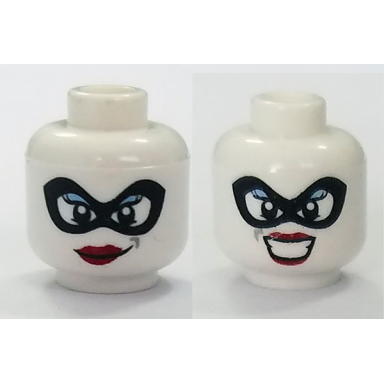 white minifigure head dual sided female black eye mask black eyes red lips smile bared teeth pattern