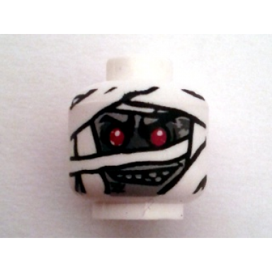 white minifigure head alien mummy with light bluish gray face glow in dark wrappings and red eyes pattern