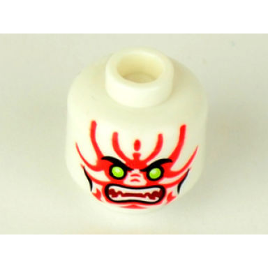 white minifigure head alien with lime eyes white fangs red face decorations dark red mouth and black cheek lines pattern