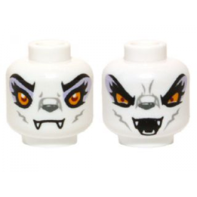 white minifigure head dual sided alien chima wolf with yellow eyes and lavender eye shadow closed mouth open mouth pattern windra