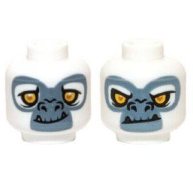 white minifigure head dual sided alien chima gorilla with yellow eyes fangs and gray and white face happy angry pattern grizzam