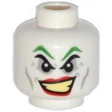 white minifigure head green eyebrows light bluish gray eye shadow cheek lines and dimples red lips large lopsided open mouth smile with bright light yellow teeth pattern
