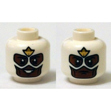 white minifigure head dual sided mask with brown face and gold emblem on forehead open mouth closed mouth pattern