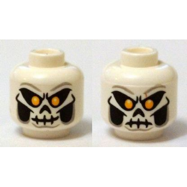 white minifigure head dual sided skull mask with bright light orange eyes skeleton mouth smile frown pattern