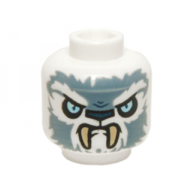 white minifigure head alien chima tiger with bright light blue eyes dark blue nose sand blue fur and tan fangs pattern