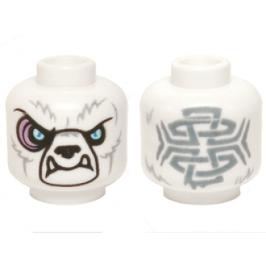 white minifigure head alien chima bear with black nose bright light blue eyes light bluish gray fur medium lavender sinews lower fangs and sand blue tribal markings pattern