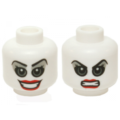 white minifigure head dual sided female gray eyes and eye shadow red lips open smile bared teeth angry pattern harley quinn
