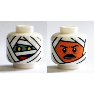 white minifigure head dual sided alien mummy wrappings yellow eyes and red mouth black eyebrows and moustache pattern
