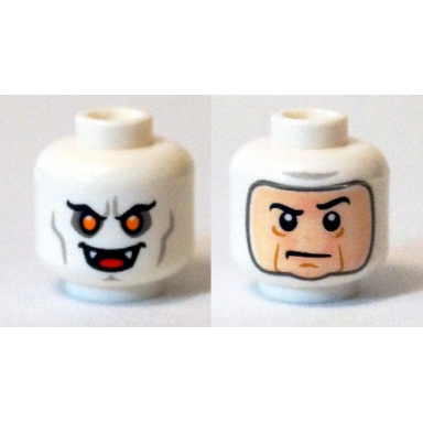 white minifigure head dual sided alien with yellow eyes fangs mouth open vampire balaclava light nougat face pattern