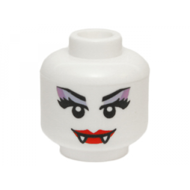 white minifigure head alien female vampire with red lips fangs and lavender and medium lavender eye shadow pattern