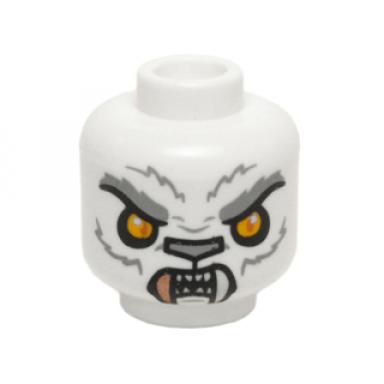 white minifigure head alien chima tiger with bright light orange eyes light bluish gray nose and fur lines and copper fang pattern