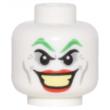 white minifigure head green eyebrows light bluish gray eye shadow cheek lines and dimples red lips large open mouth smile with bright light yellow teeth pattern