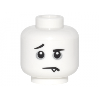 white minifigure head black eyebrows raised right eyebrow dark bluish gray eye circles downturned mouth with fang pattern