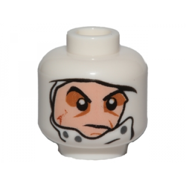 white minifigure head male head wrap with light nougat face dark bluish gray buttons dark orange scar and medium nougat eye shadow pattern sw dengar