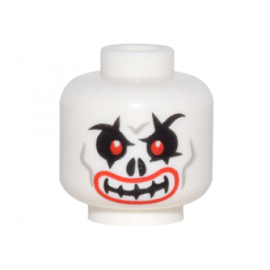 white minifigure head skull evil with red eyes curved eyebrows and red lips pattern