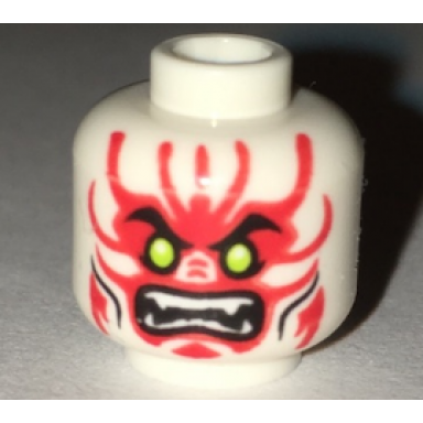 white minifigure head alien with lime eyes white fangs red face decorations and black mouth and cheek lines pattern