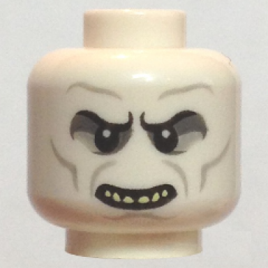 white minifigure head alien with hp voldemort with teeth pattern