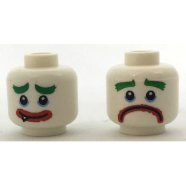 white minifigure head dual sided bushy green eyebrows thick red lips grin with sharp tooth very sad frown pattern the joker