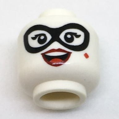 white minifigure head female black eye mask eyelashes red diamond dark red lips open mouth smile with top teeth and tongue pattern