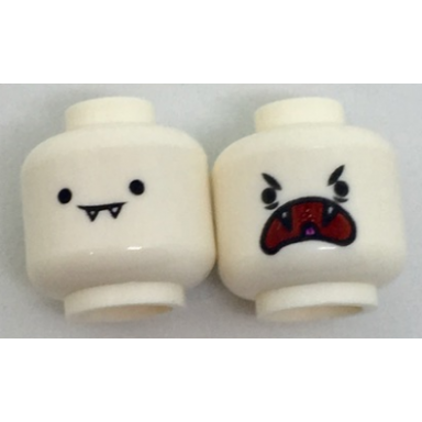 white minifigure head dual sided alien female with small black eyes closed mouth with fangs red wide open mouth pattern