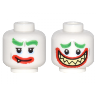 white minifigure head dual sided bushy green eyebrows thick red lips bright light yellow sharp teeth grin wide open mouth smile pattern the joker