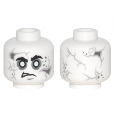 white minifigure head alien with potc gray cracks and spots bushy black eyebrows white eyes crooked frown pattern