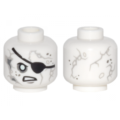 white minifigure head alien with potc gray cracks and spots black eye patch white eyes crooked scowl pattern