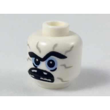 white minifigure head alien with black unibrow light bluish gray cracks bright light blue eyes wide open mouth missing teeth pattern