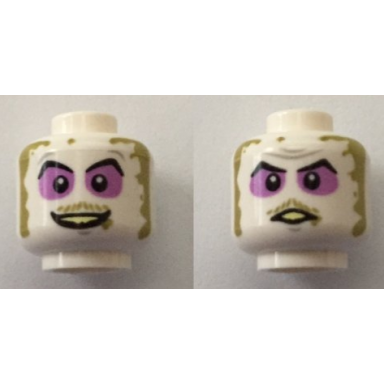 white minifigure head dual sided purple eye shadow dirt around face smile angry pattern beetlejuice