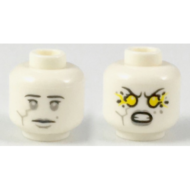 white minifigure head dual sided alien with light bluish gray crack in right cheek neutral angry with yellow electricity in eyes pattern