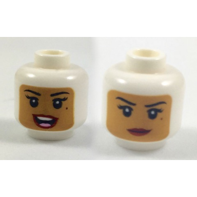 white minifigure head dual sided female balaclava with medium nougat face black eyebrows eyelashes beauty mark dark red lips open mouth smile with top teeth and bright pink tongue lopsided grin pattern