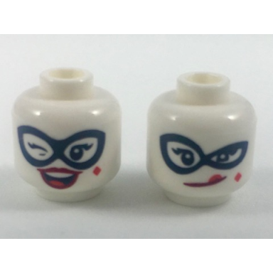 white minifigure head dual sided female black eye mask red lips and diamond beauty mark wink licking lips pattern