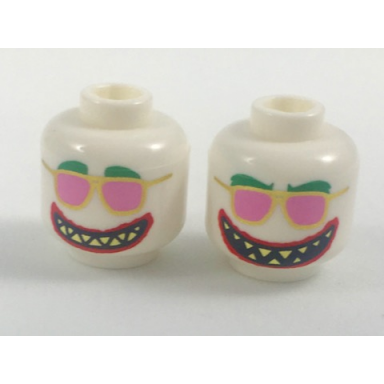 white minifigure head dual sided alien green eyebrows gold sunglasses with pink lenses pointed teeth wide mouth wide open mouth pattern