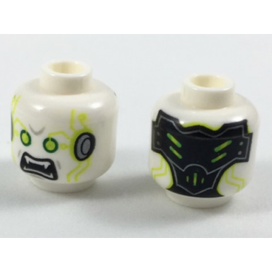 white minifigure head alien vampire with lime eyes and circuitry cybernetic implants and black open mouth with fangs pattern